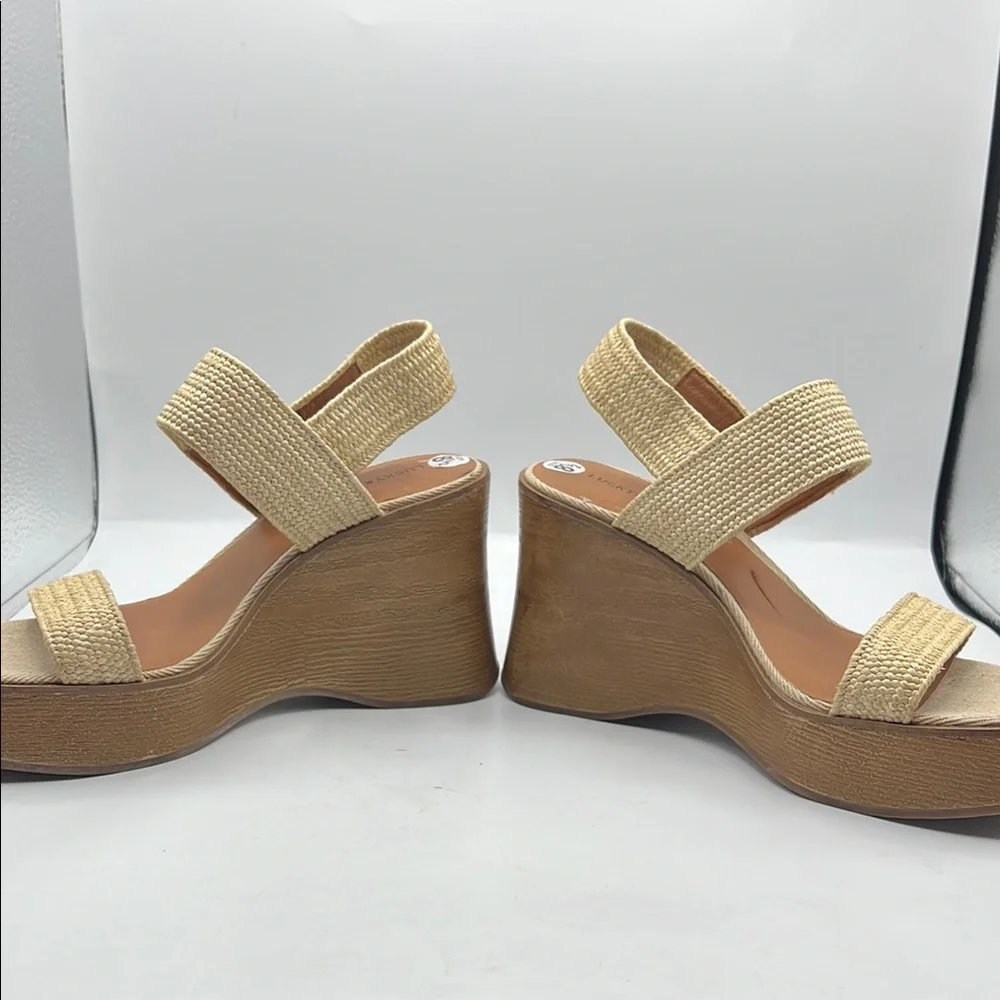 Lucky Brand 8 1/2 Delukah Platform Wedge Sandals Cream Brown Wedge Slingback NEW